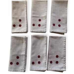 Set of 6 Fabric Napkins Embroidered Burgundy Circles Dots